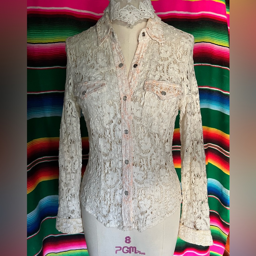 Vintage For Joseph Cream Lace Western Boho Cowgirl Button-Down Shirt Pearl (M)
